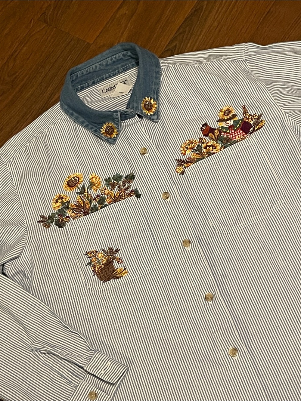 Vintage Cabin Creek Embroidered Scarecrow Fall Button Down Shirt Pin Stripe Sz M